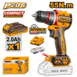 TALADRO ATORNILLADOR A BATERÍA 20V P20S BRUSHLESS 55NM C/BATERÍA, CARGADOR Y ACCESORIOS INGCO CDLI205582
